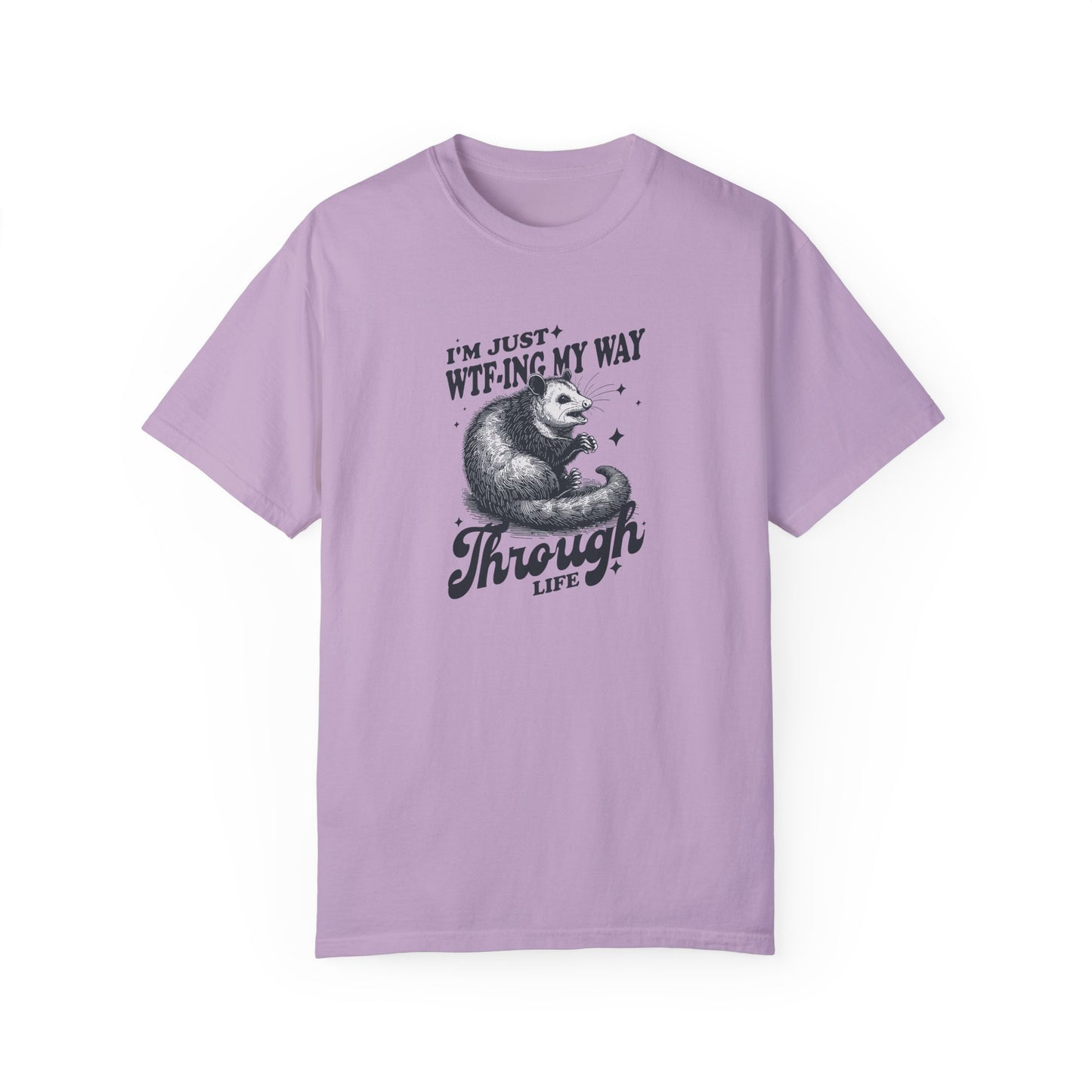 Overworked and exhausted funny possum tee in orchid – relatable burnout apparel