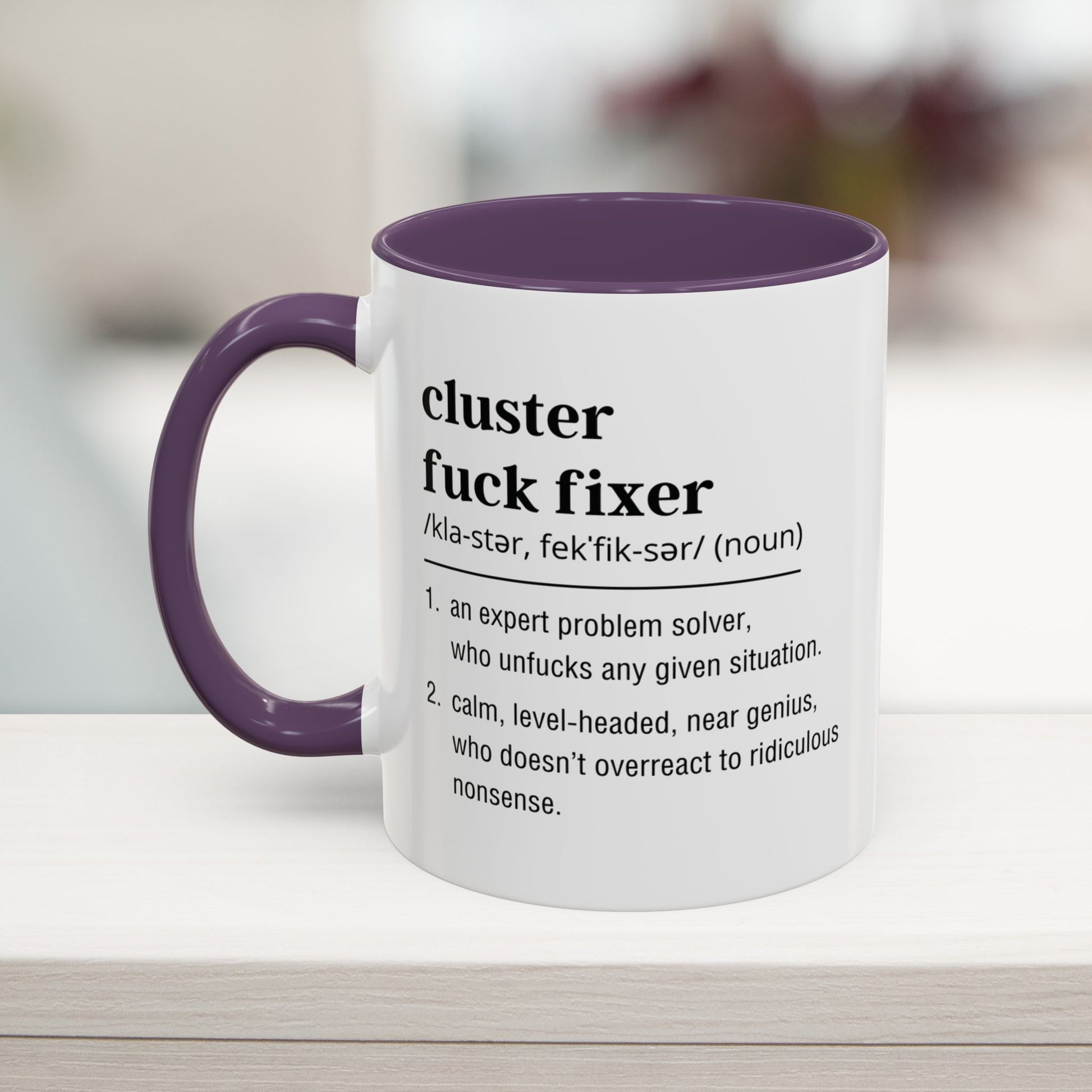 Profanity-filled office gift in purple – hilarious work and corporate sarcasm mug