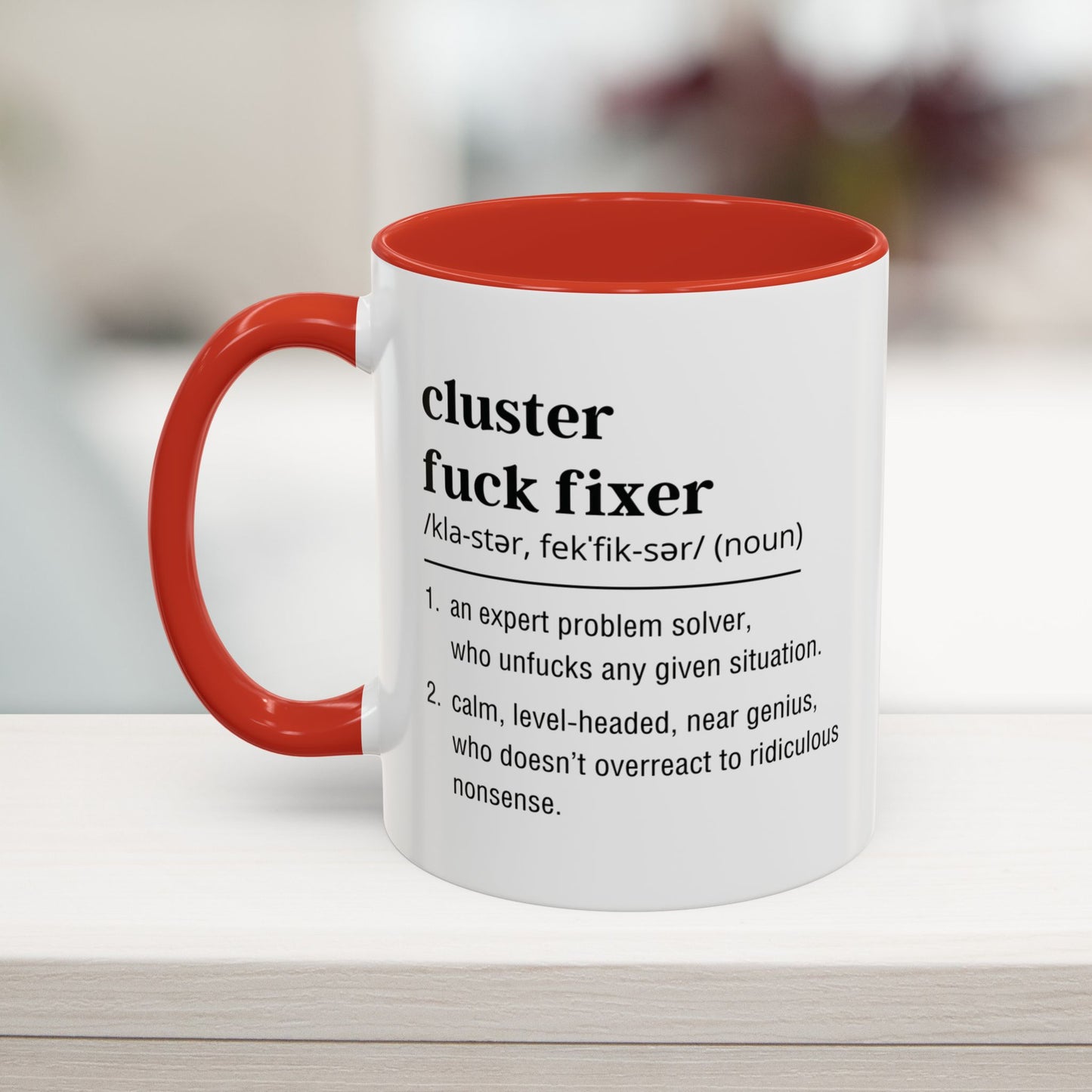 Rude and profanity-filled office humor mug in red – ideal for fixing workplace chaos