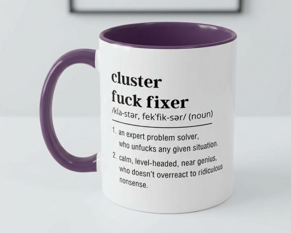 Mug with definition text on a white background