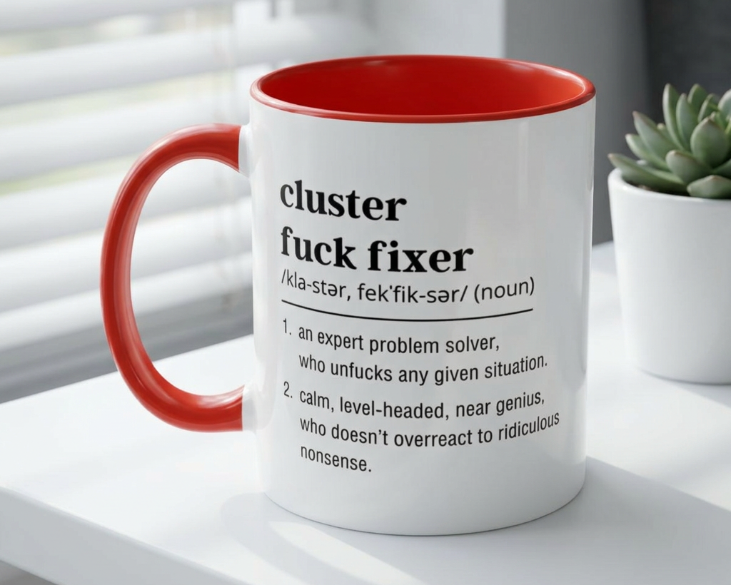 Mug with red interior and handle, featuring text on a white surface with a plant in the background