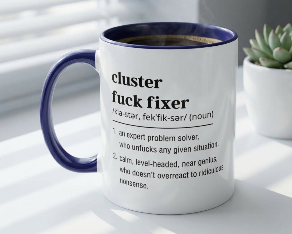 Mug with text definition on a white surface with a plant in the background