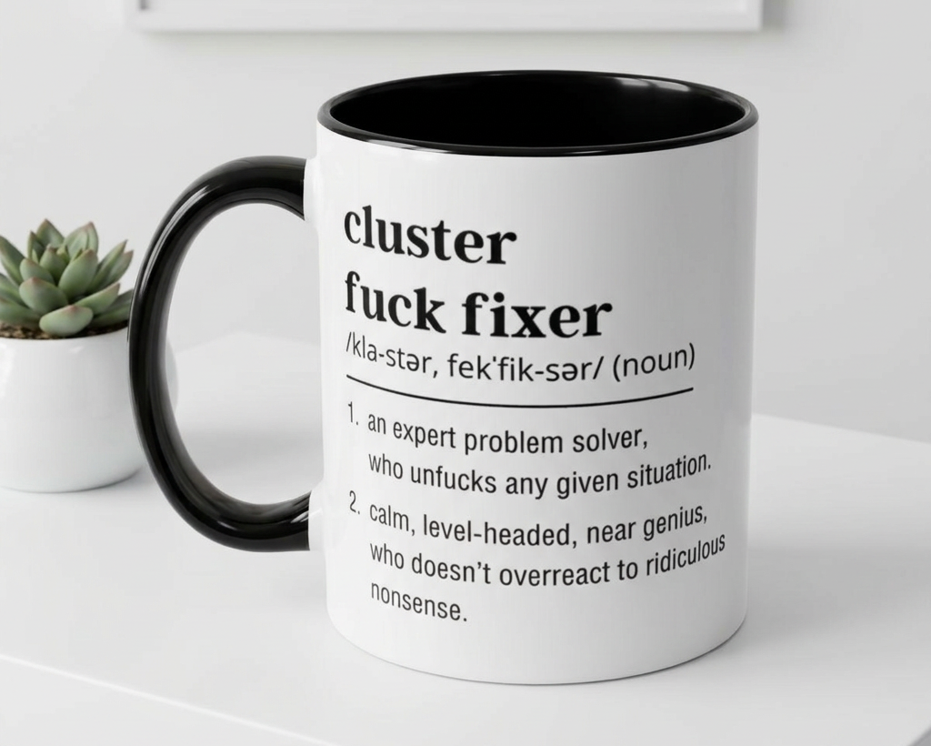 Mug with definition text on a white surface