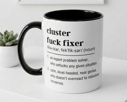 Mug with definition text on a white surface
