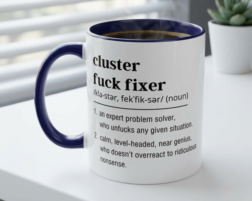 Mug with definition text on a white surface with a plant in the background
