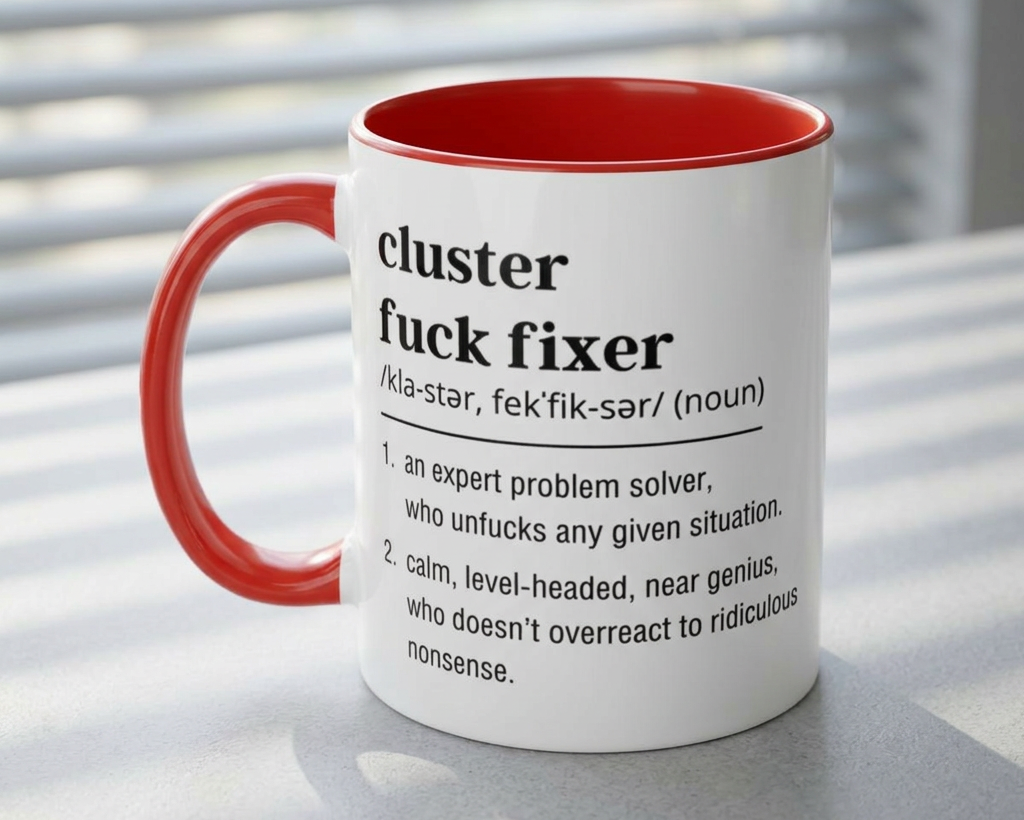 Mug with red interior and handle, featuring text definition on a neutral background