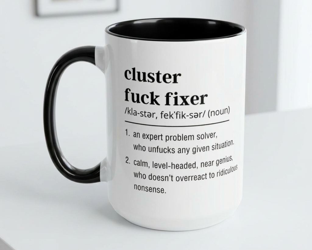 Mug with text definition on a white surface
