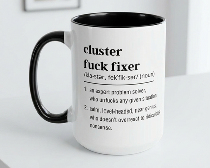Mug with text definition on a white surface