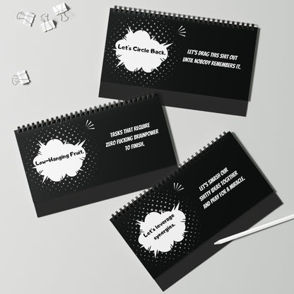 Three black spiral-bound pages with white text on a gray background