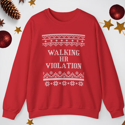 Red sweatshirt with 'Walking HR Violation' text on a white background with Christmas decorations.
