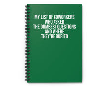 Green spiral notebook with workplace humor and bold design