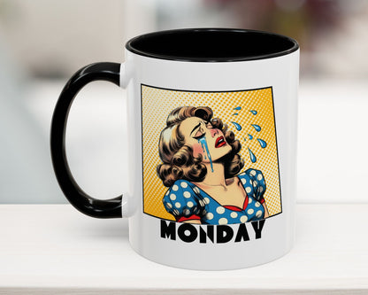 Black 11oz Crying Woman Monday Mug – funny pop art coffee cup for office humor