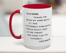 White mug with red interior and handle, featuring humorous text on a blurred background