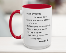 White mug with red interior and handle, featuring a humorous message on a blurred background