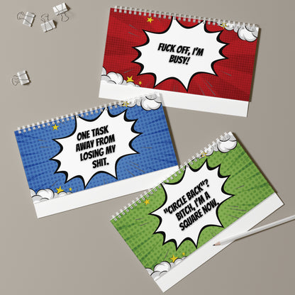pages with colorful comic-style text on a gray background.