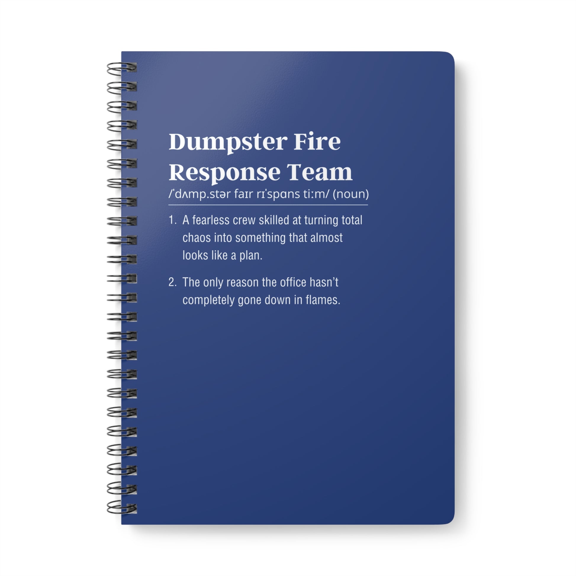 Blue notebook with text on a white background