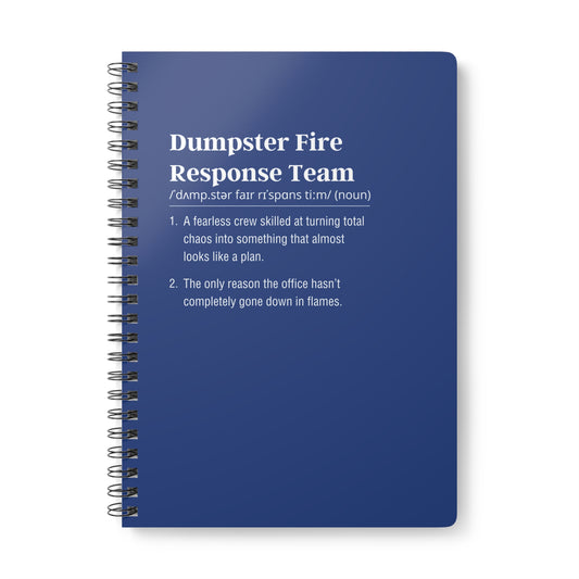 Blue notebook with text on a white background