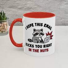 Mug with a raccoon graphic and humorous text on a white surface.