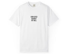White t-shirt with black text on a white background