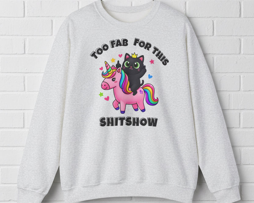 Gray sweatshirt with a black cat and unicorn graphic and text on a white background