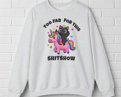 Gray sweatshirt with a black cat and unicorn graphic and text on a white background