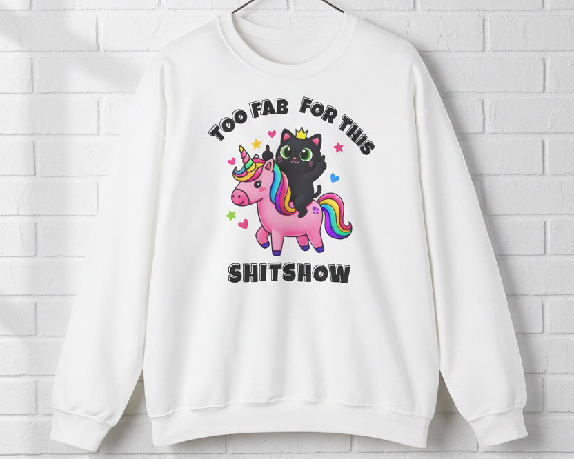 White sweatshirt with a black cat and unicorn graphic and text on a white background