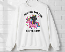 White sweatshirt with a black cat and unicorn graphic and text on a white background