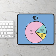 Pie chart design on a mouse pad with text, placed on a marble surface with a keyboard.