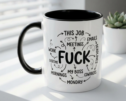 White mug with black interior and handle, featuring a humorous text design on a light surface.