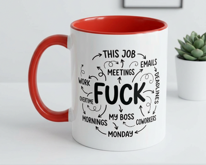 White mug with red interior and handle, featuring black text on a white surface.