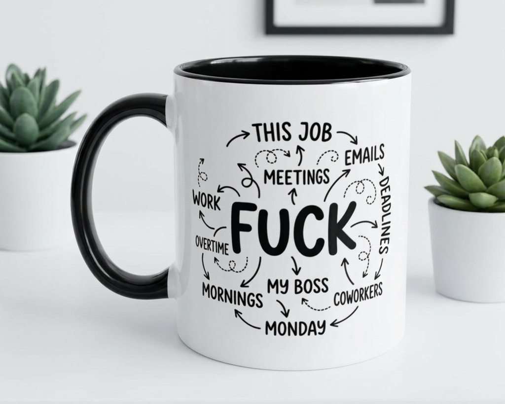 White mug with black interior and handle, featuring a humorous office-themed design on a white surface with plants.
