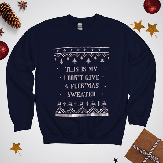 Navy blue sweater with Christmas-themed text and patterns on a white background with festive decorations.