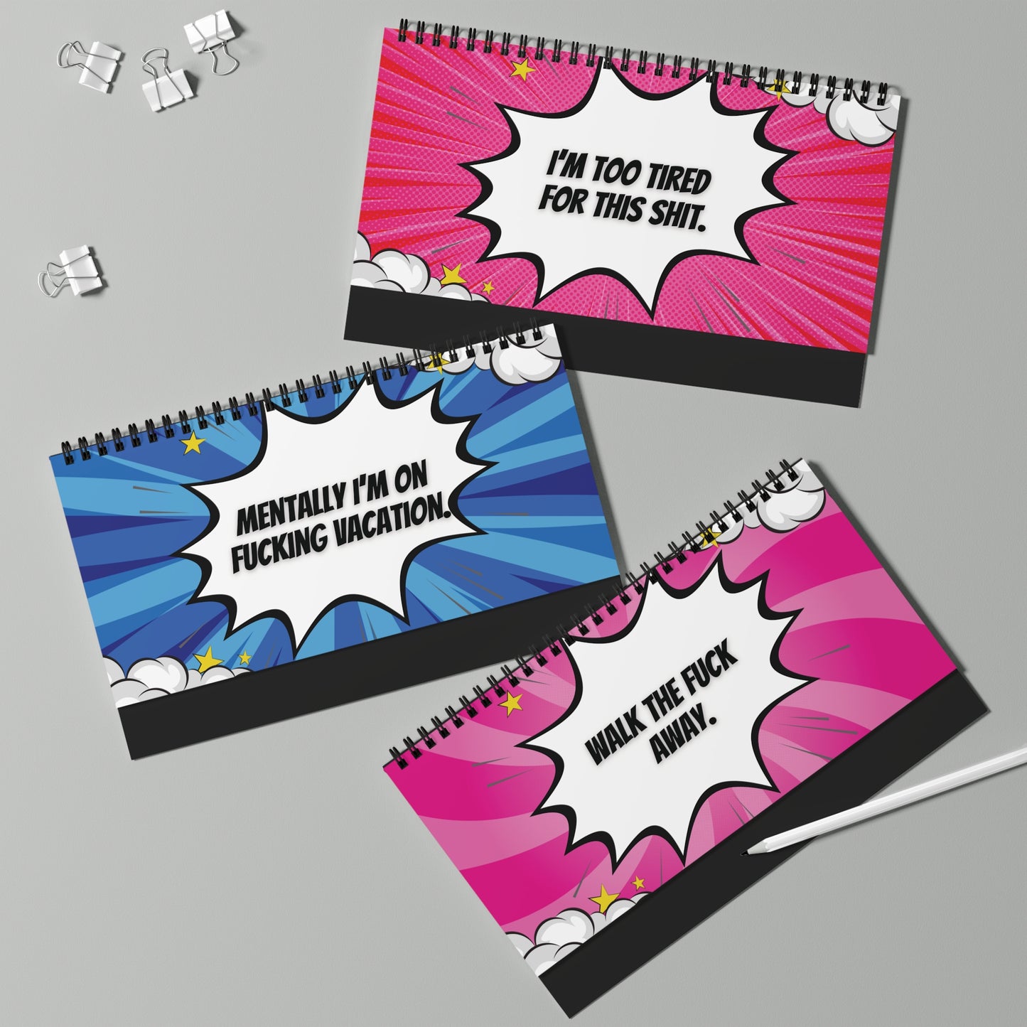 pages with colorful comic-style text on a gray background