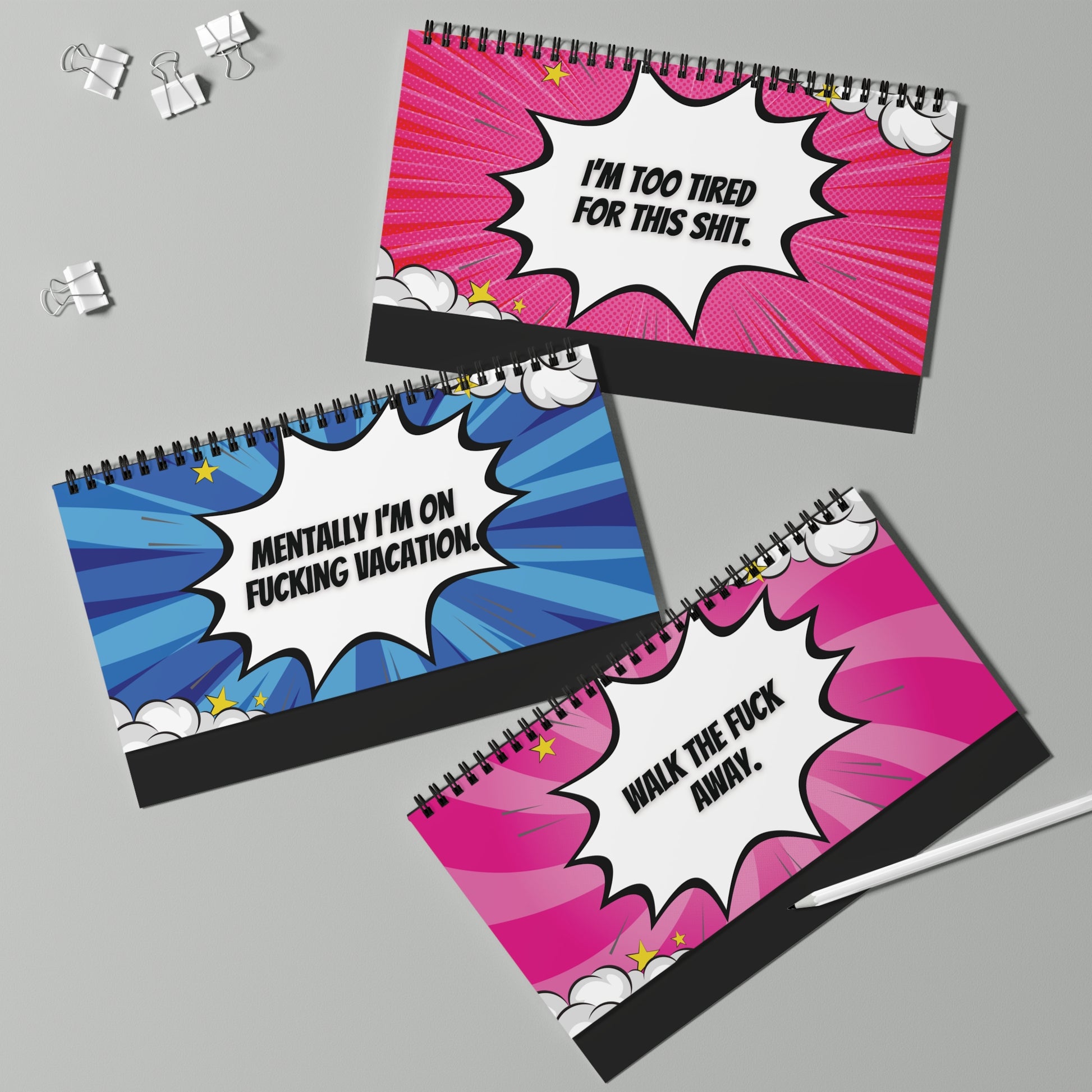 pages with colorful comic-style text on a gray background