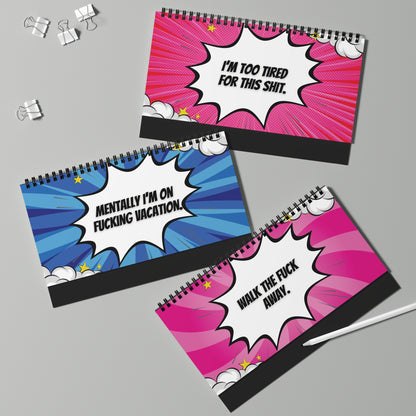 pages with colorful comic-style text on a gray background
