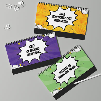 pages with colorful covers and text on a gray background