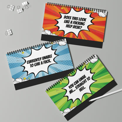 pages with colorful comic-style text on a gray background