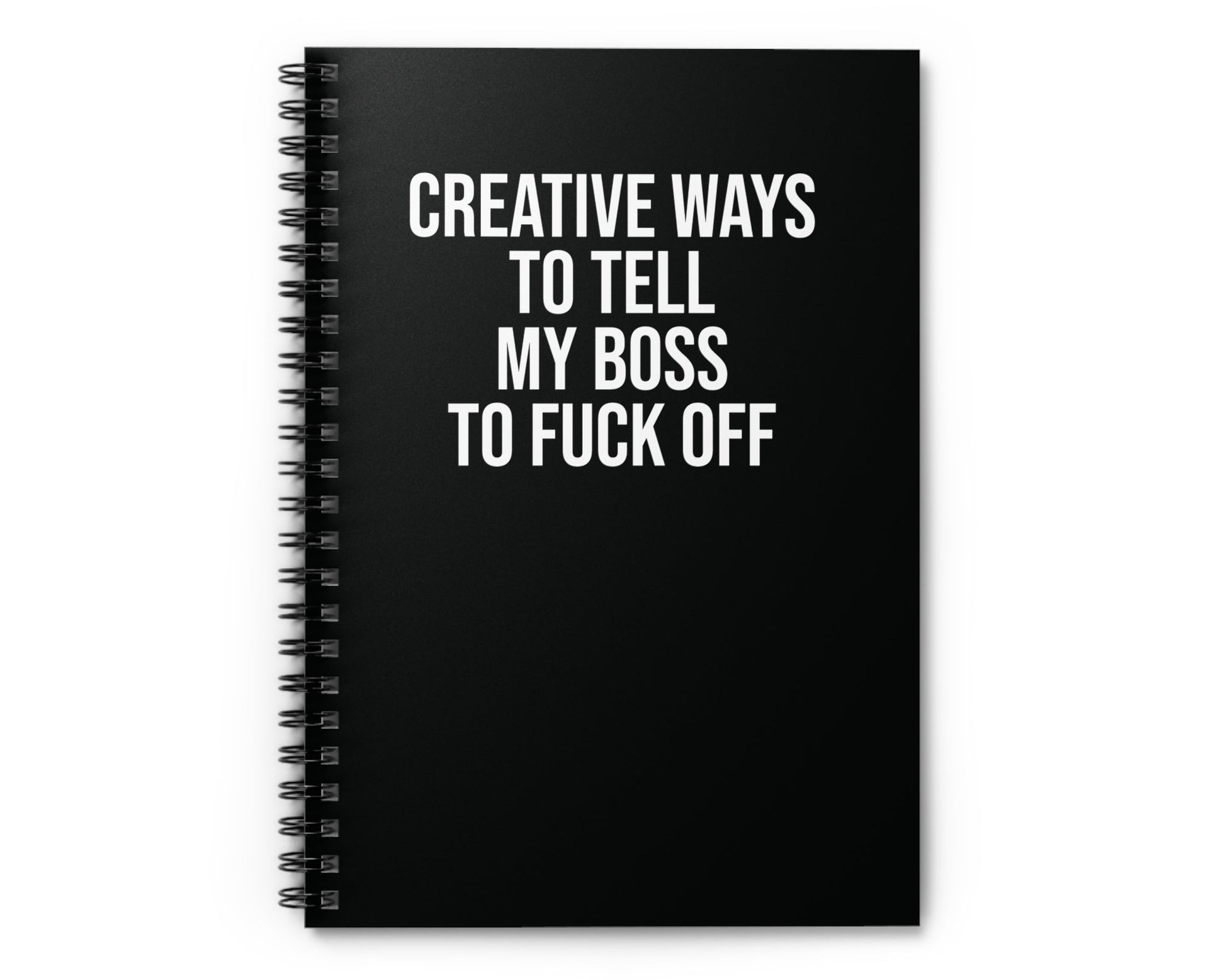 Black notebook with white text on a white background