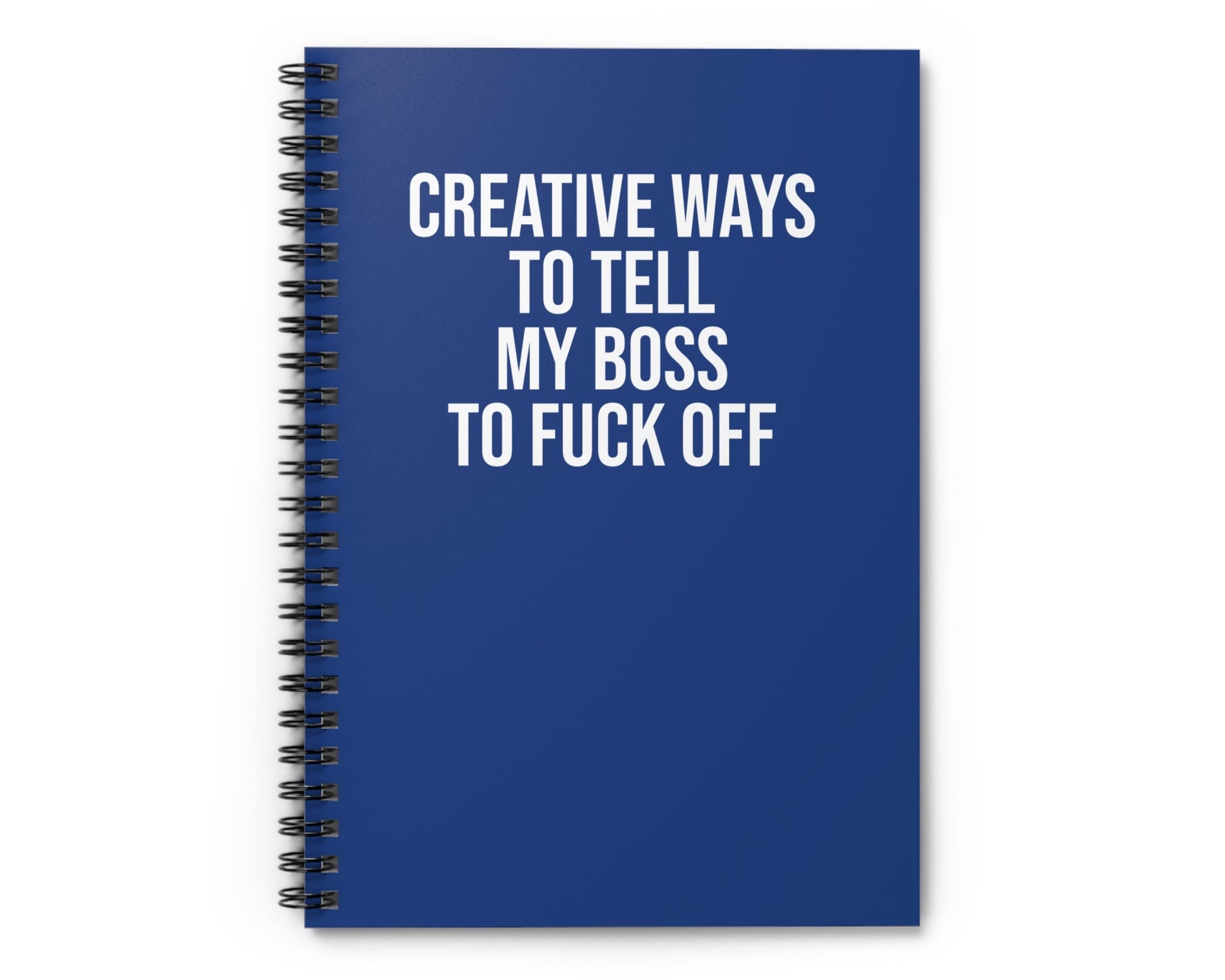 Blue notebook with white text on a white background