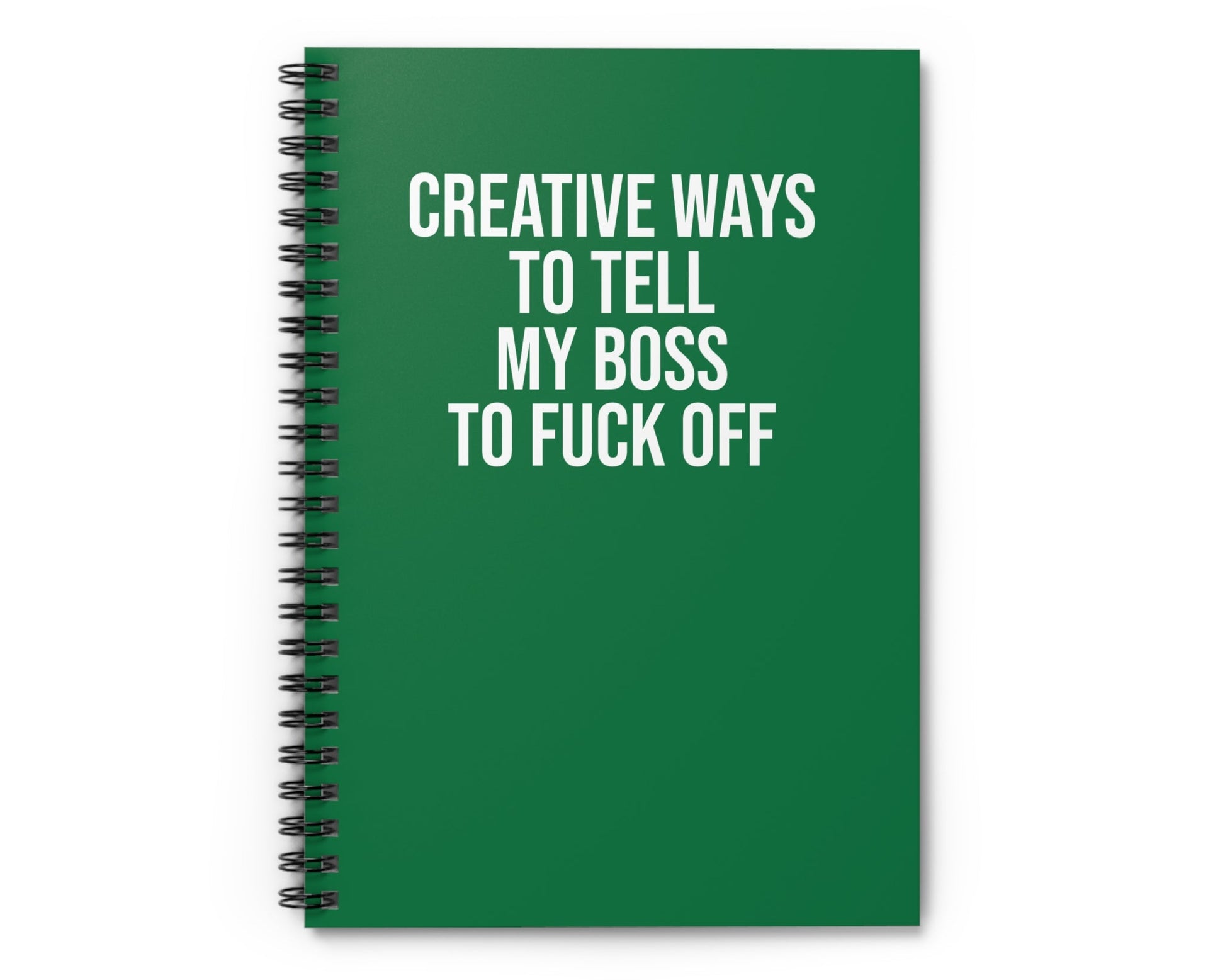 Green notebook with white text on a white background