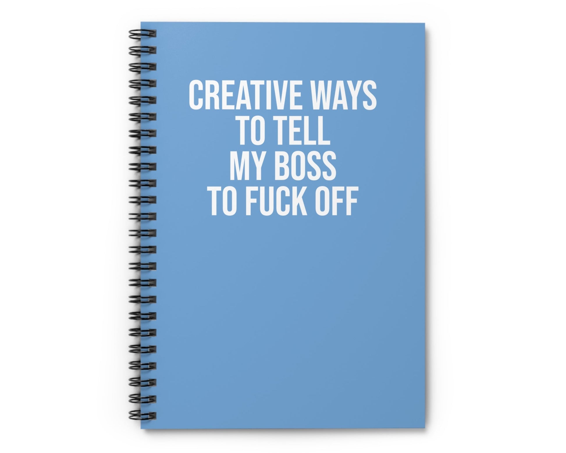 Blue notebook with white text on a white background