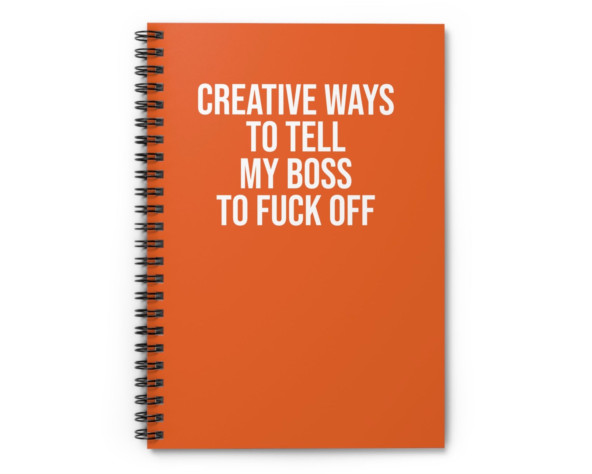 Orange notebook with white text on a white background