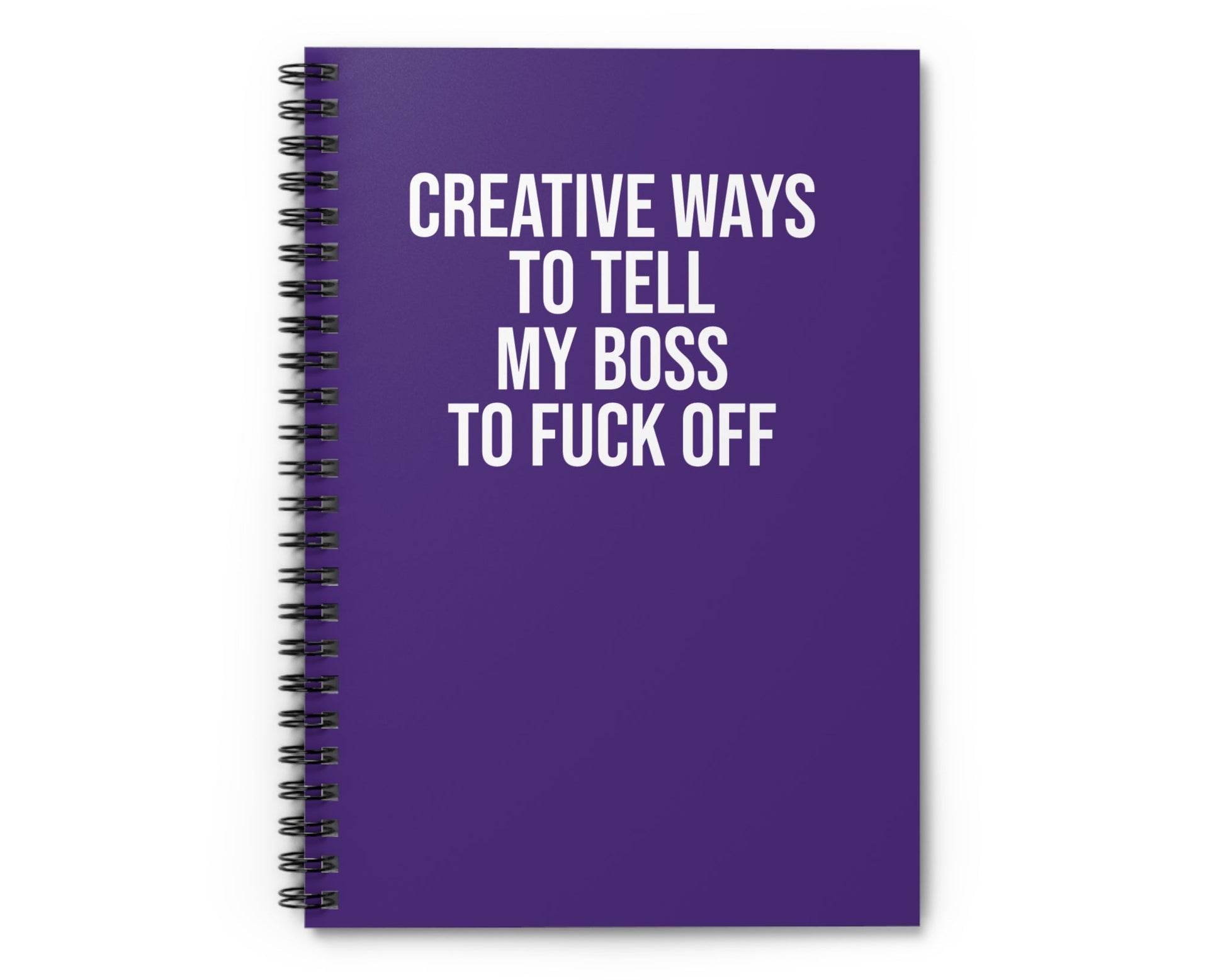 Purple notebook with white text on a white background