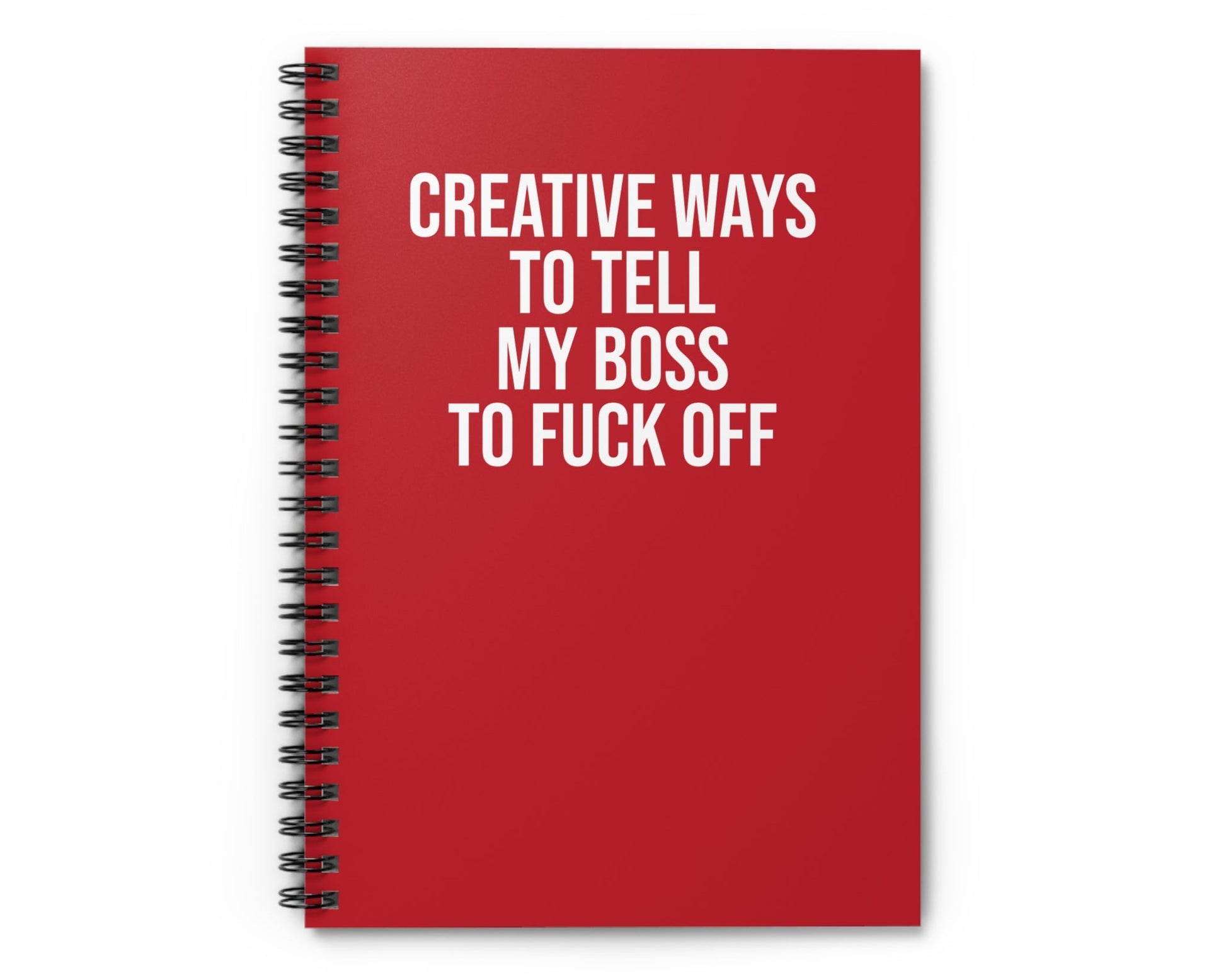 Red notebook with white text on a white background
