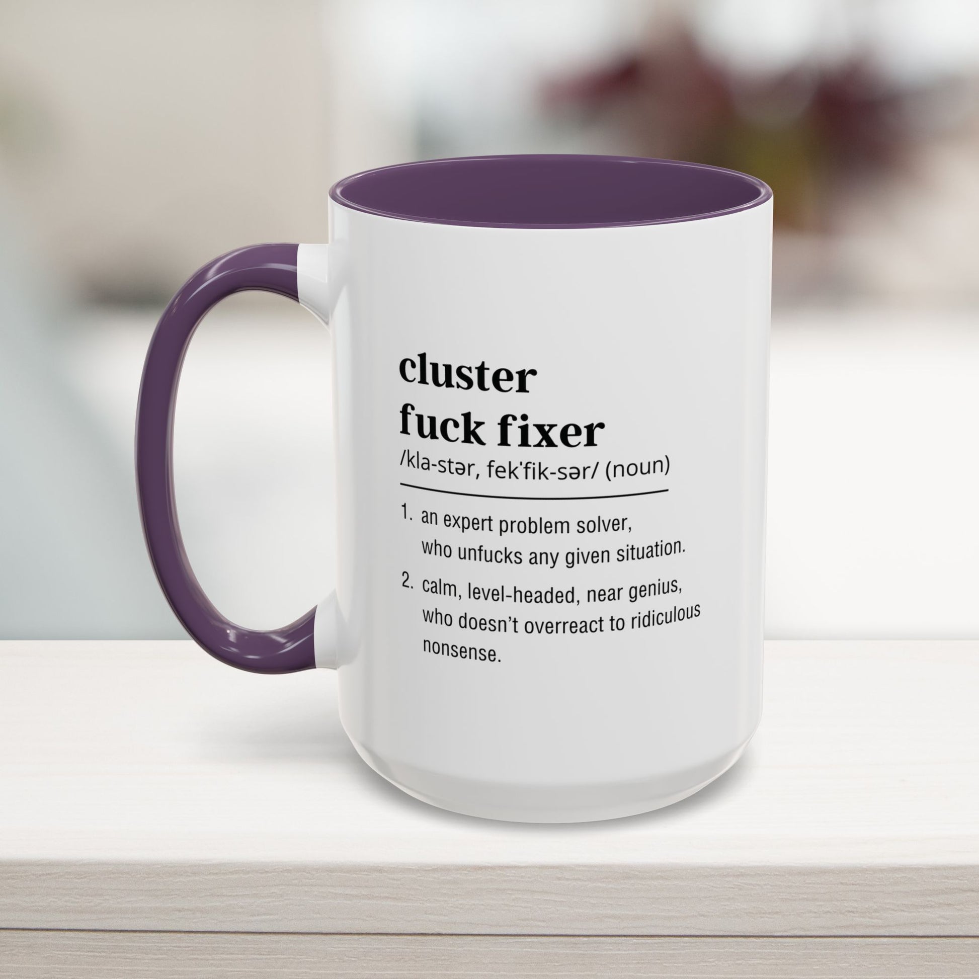 Cluster Fuck Fixer corporate humor mug in purple – office bestie gift 15oz