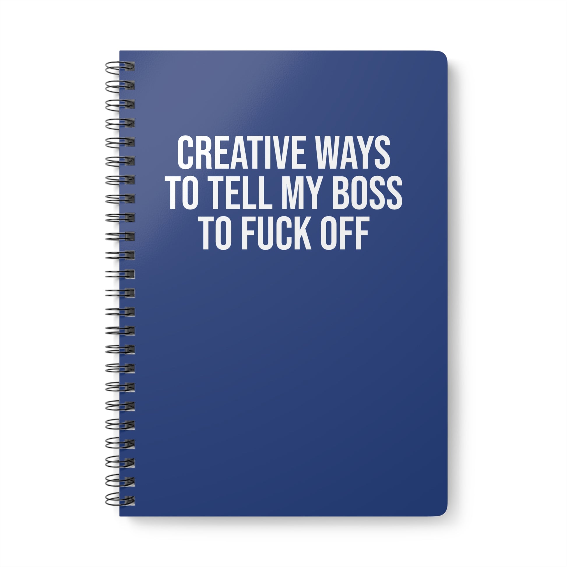 Blue notebook with white text on a white background