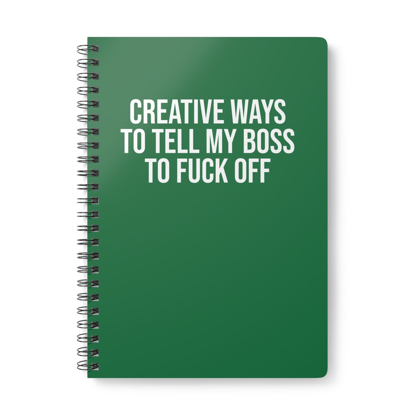 Green notebook with white text on a white background