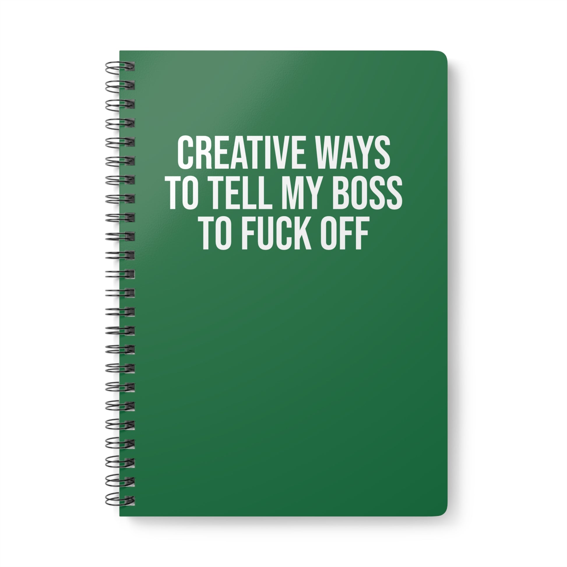 Green notebook with white text on a white background
