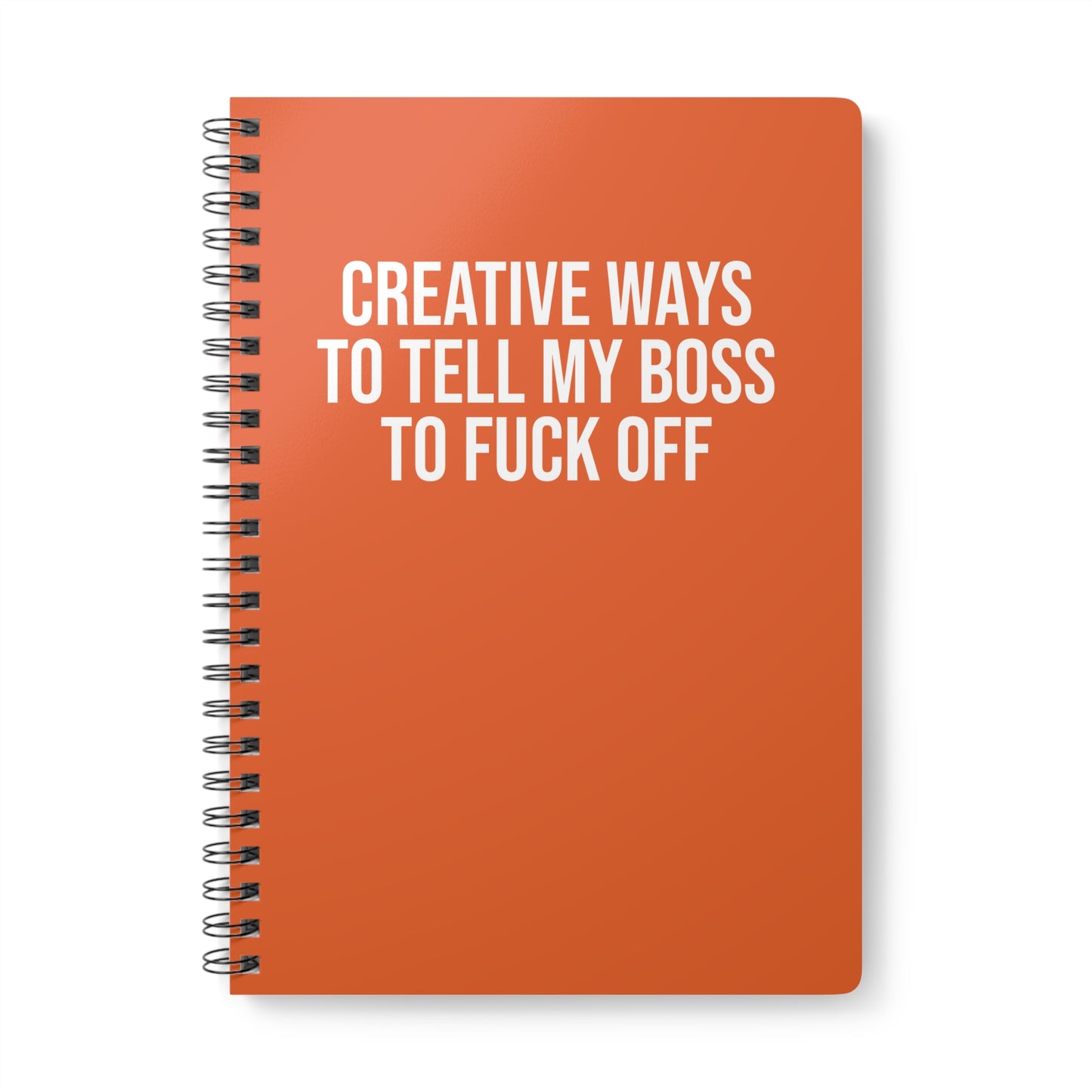 Orange notebook with white text on a white background