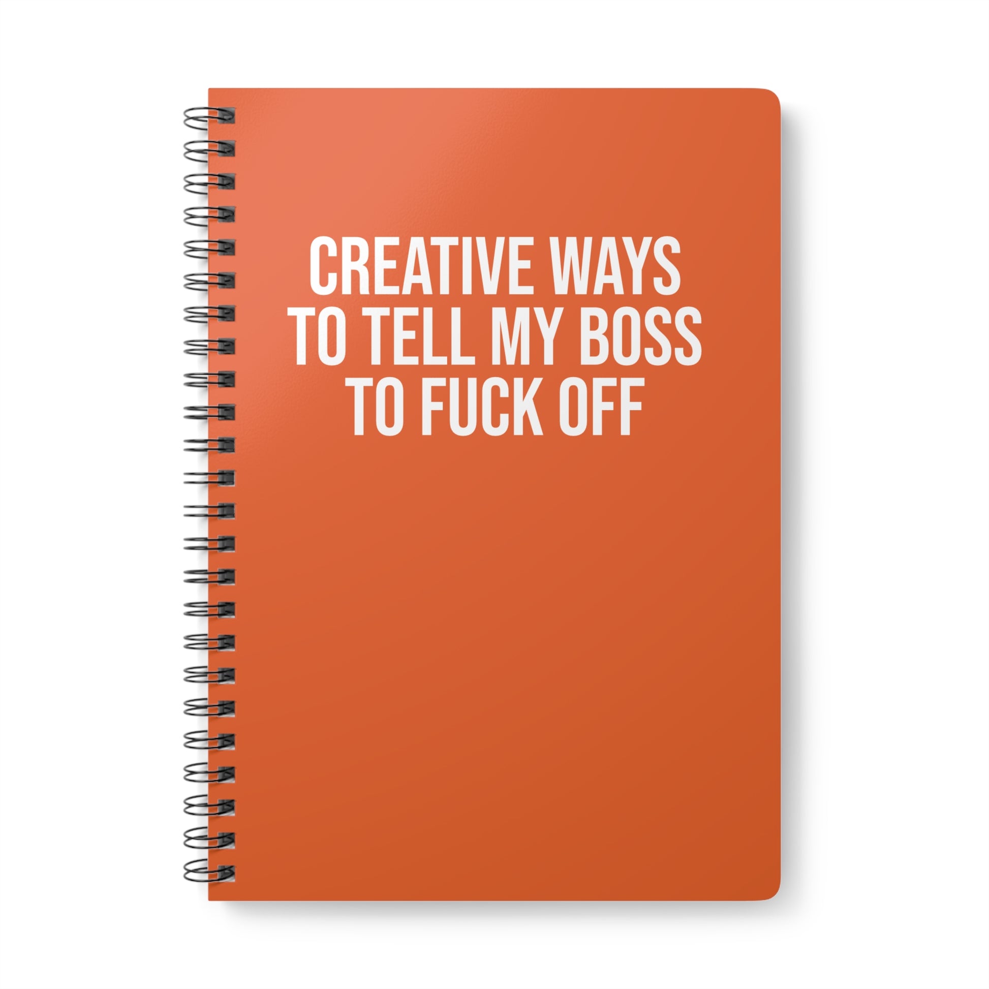 Orange notebook with white text on a white background